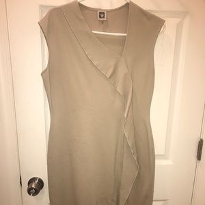 Beige career work dress with ruffle details